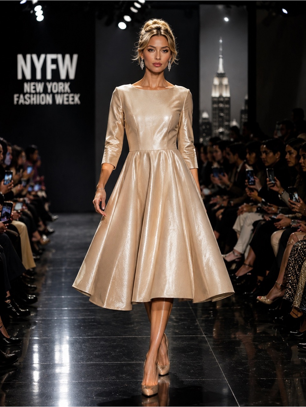 Elegant Metallic Gold Fit-and-Flare Midi Dress